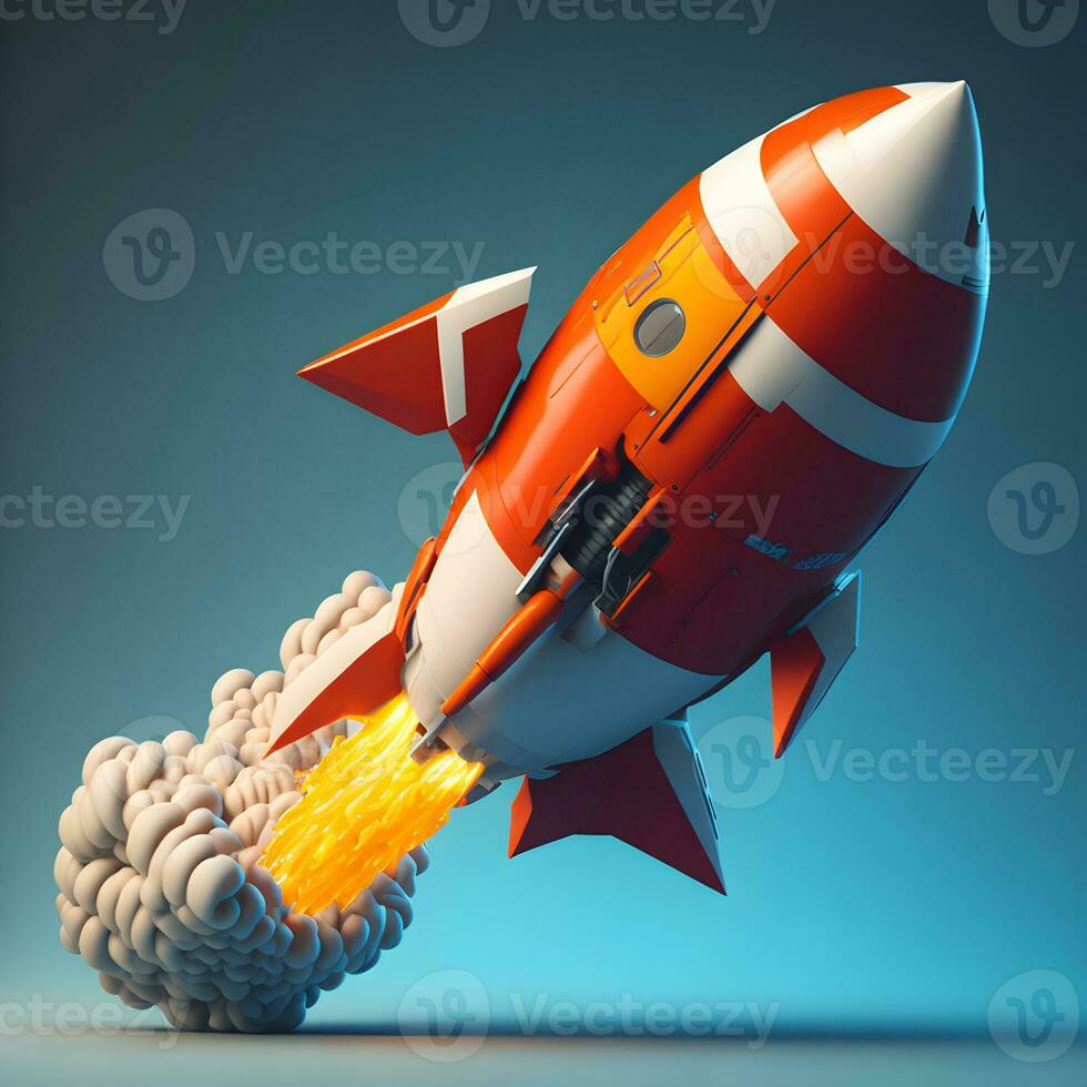 3d cartoon style minimal spaceship rocket icon. Toy rocket upswing ,spewing smoke. Startup, space, business concept. photo