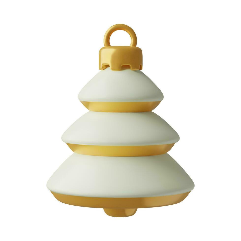 3D Christmas ornament. White and gold Christmas tree decoration in a shape of a cartoon winter pine tree covered with snow. Three dimensional vector illustration isolated on white background.