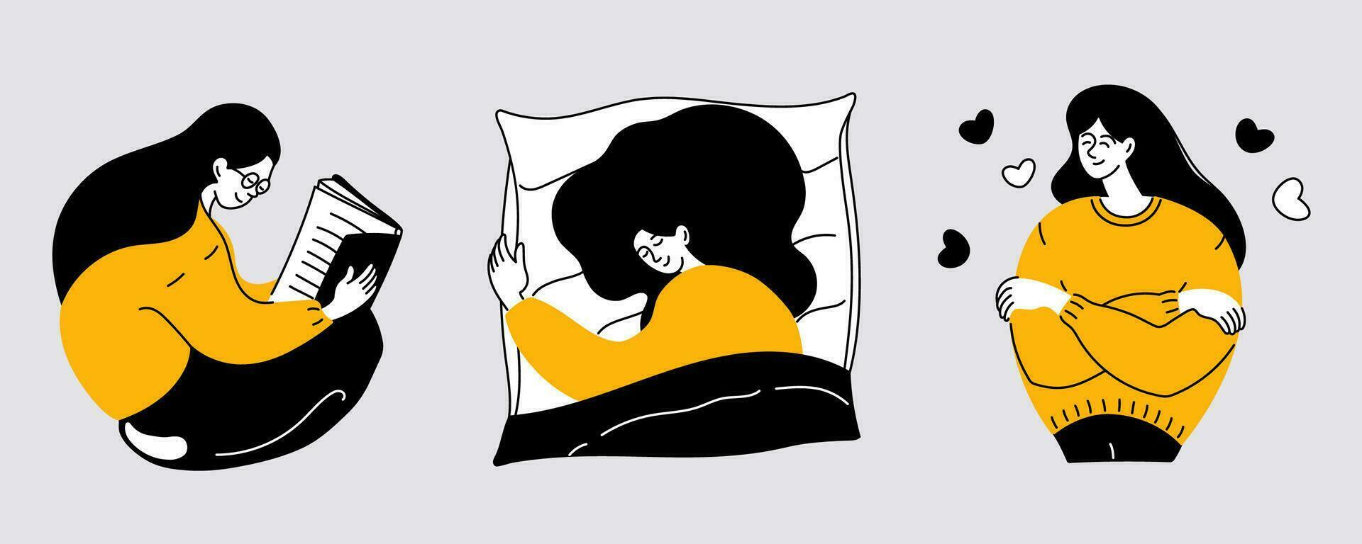 Woman self love and mental health care illustrations set. A girl hugs herself and has a good rest reading book and sleeping well. Doodle monochrome vector illustration.