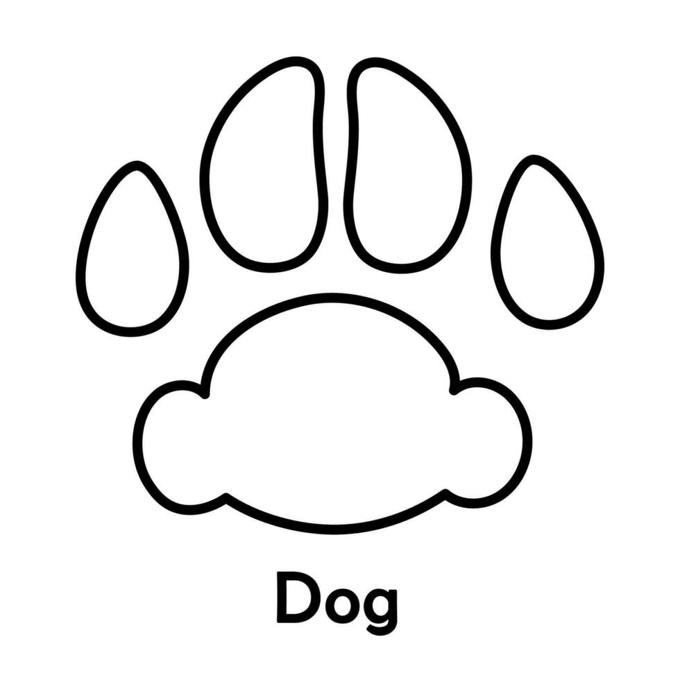 Line dog paw print. Animal track black and white doodle drawing. Pet footprint vector illustration isolated on white background.