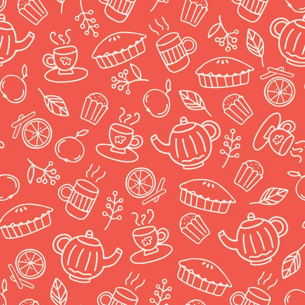 Decorative autumn seamless pattern with pink background. Hygge style cozy seamless pattern or decorative background with doodle hand drawn elements vector