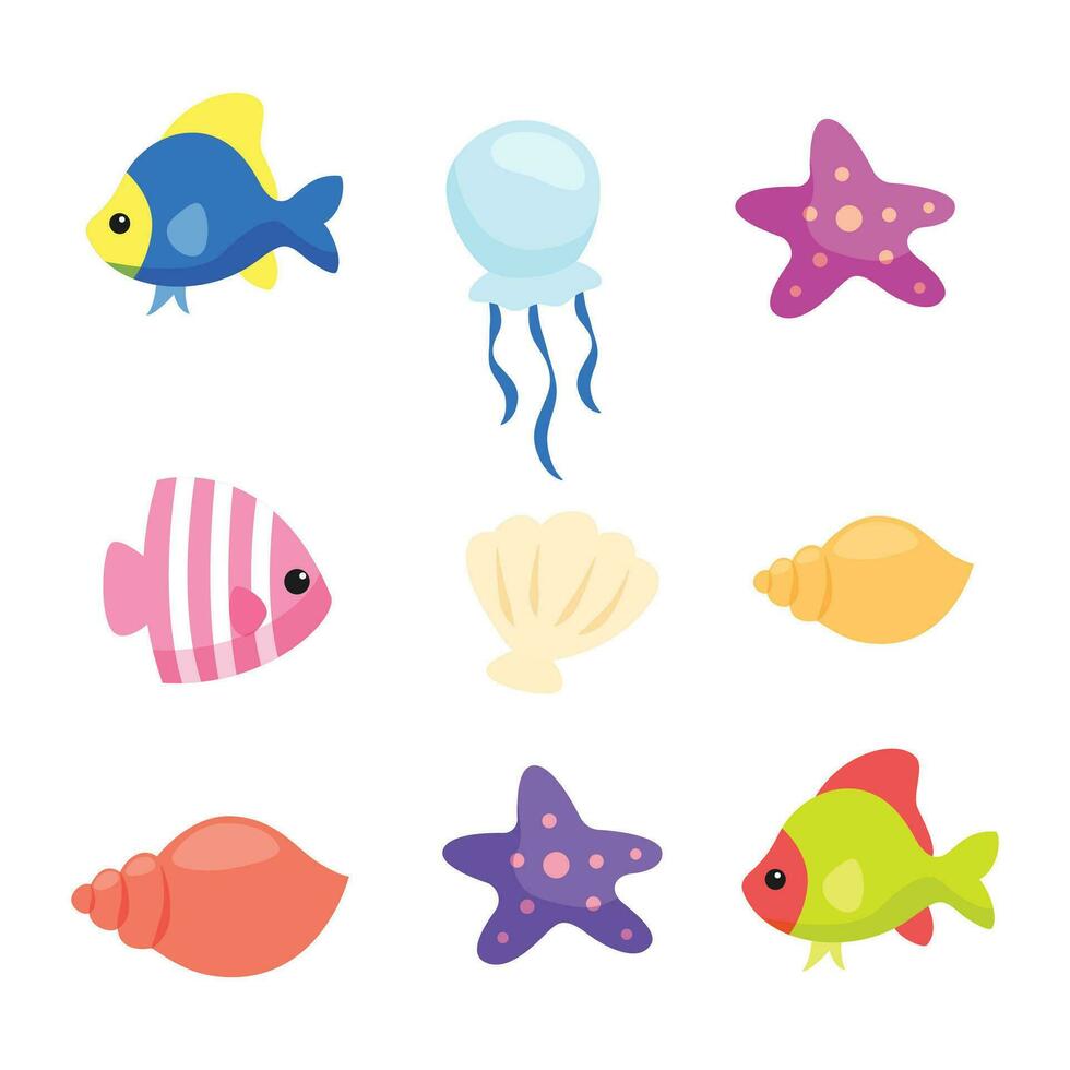 Vector sea animals collection on white background