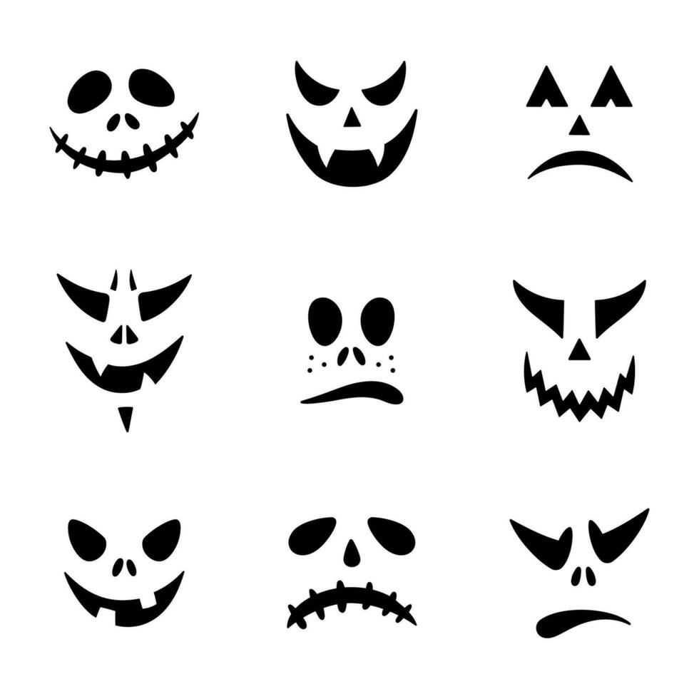 Víspera de Todos los Santos calabaza cara plantillas. conjunto de Víspera de Todos los Santos calabaza caras iconos de miedo caras aislado en blanco antecedentes. vector ilustración, plano estilo.