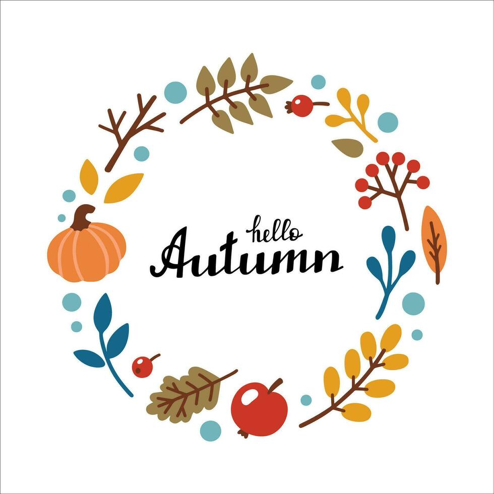 HELLO AUTUMN handwritten lettering. Autumn decorative frame, template with leaves, pumpkin, apple, berries. Vector illustration in Doodle style.