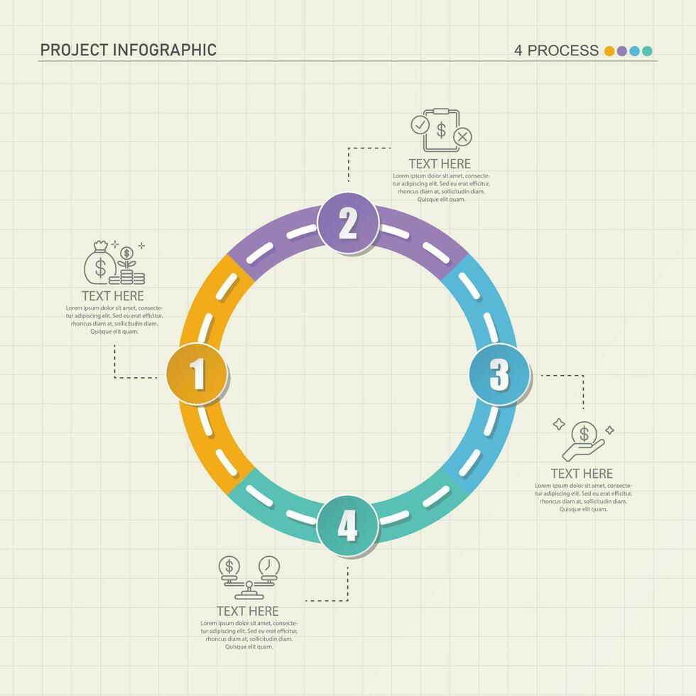 la carretera camino infografía circulo de 4 4 pasos y negocio íconos para Finanzas proceso pasos. vector