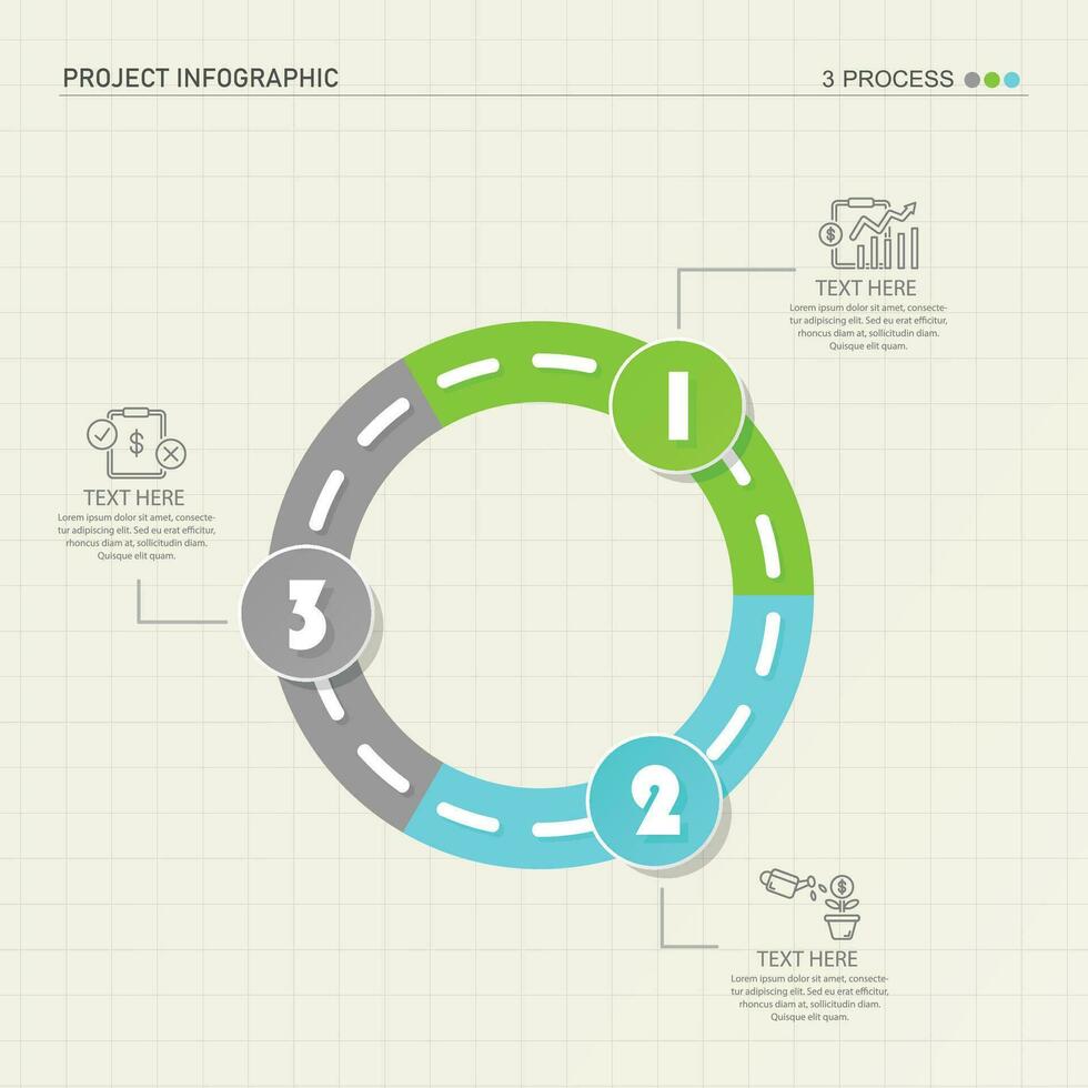 la carretera camino infografía circulo de 3 pasos y negocio íconos para Finanzas proceso pasos. vector