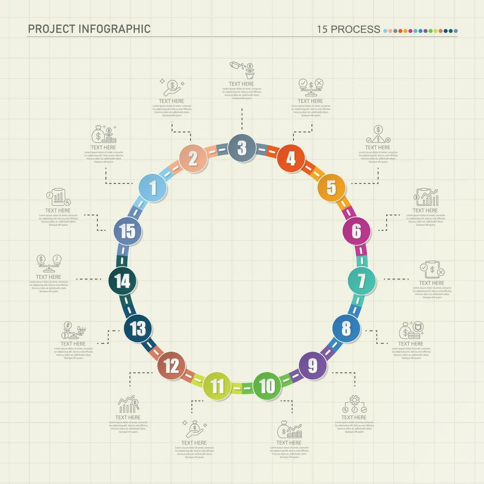 Road way infographic circle of 15 steps and business icons for finance process steps. vector