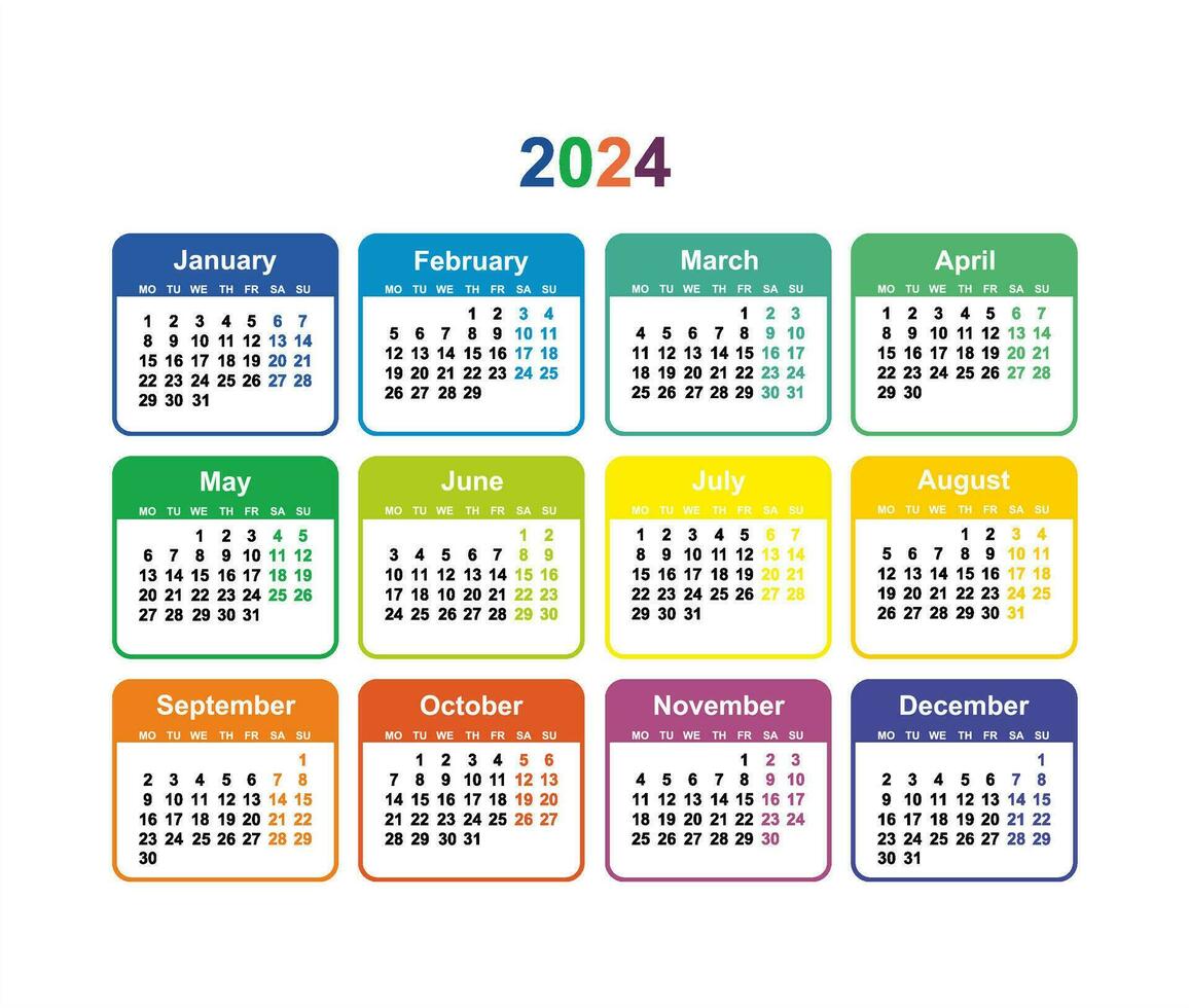 Calendar grid 2024 colorful vector Simple layout of pocket or wall calendar