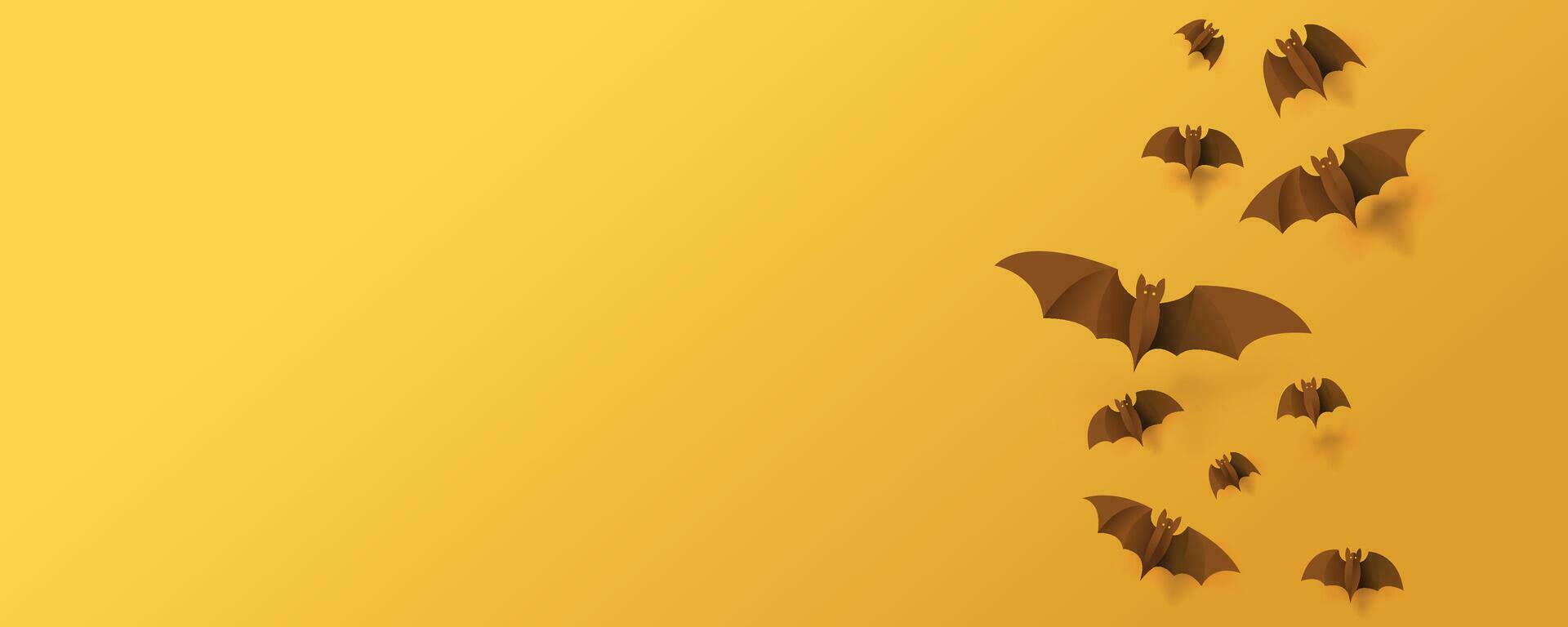 Happy Halloween banner background with paper bats flying on orange background vector