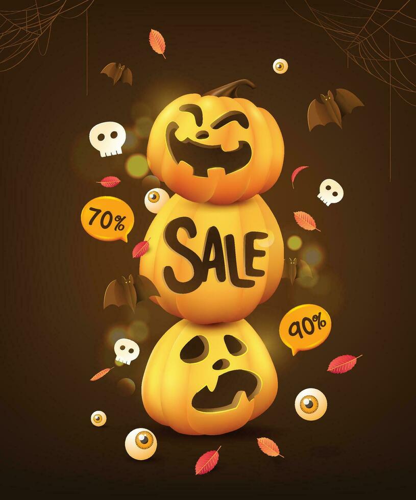 Halloween sale banner or party invitation background with pumpkin funny faces and elements for halloween party vector