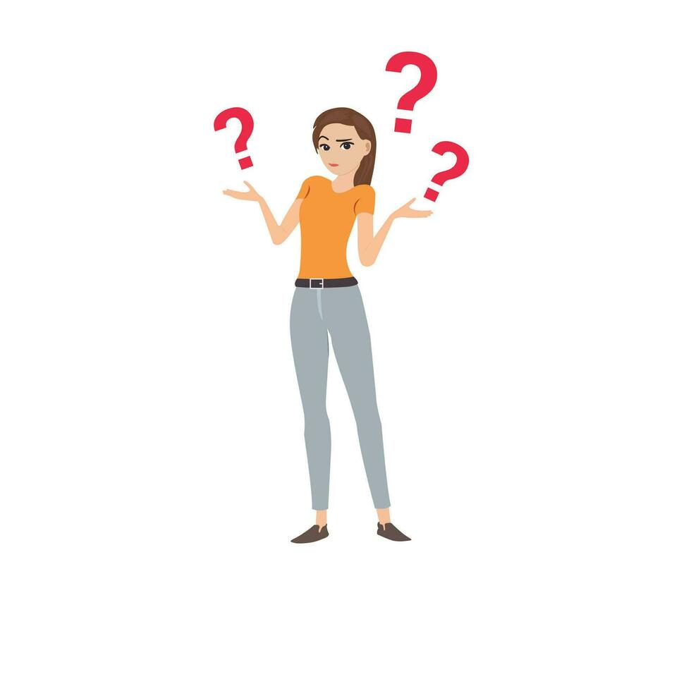 A woman is standing with question marks above her head vector