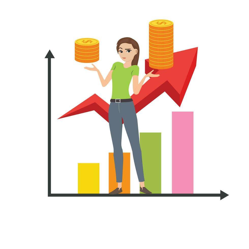 un mujer participación pilas de monedas y un grafico vector