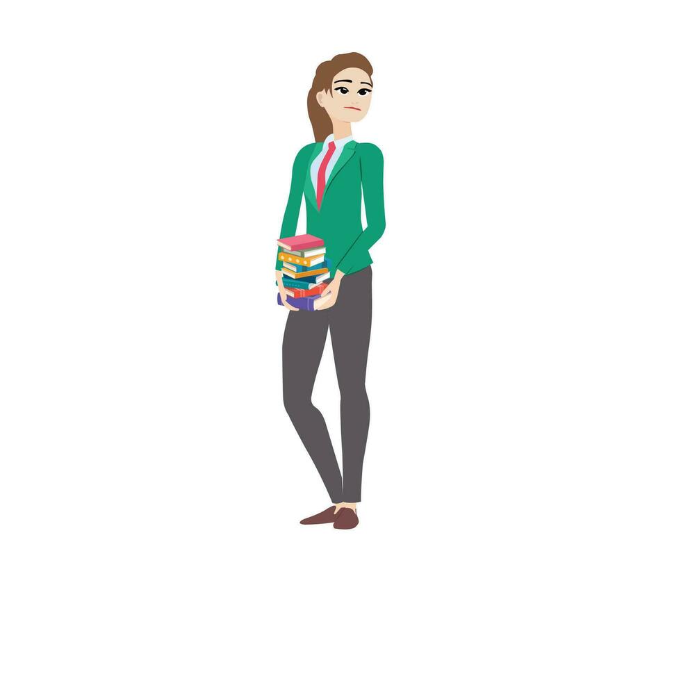 A woman in a business suit holding a stack of books. vector