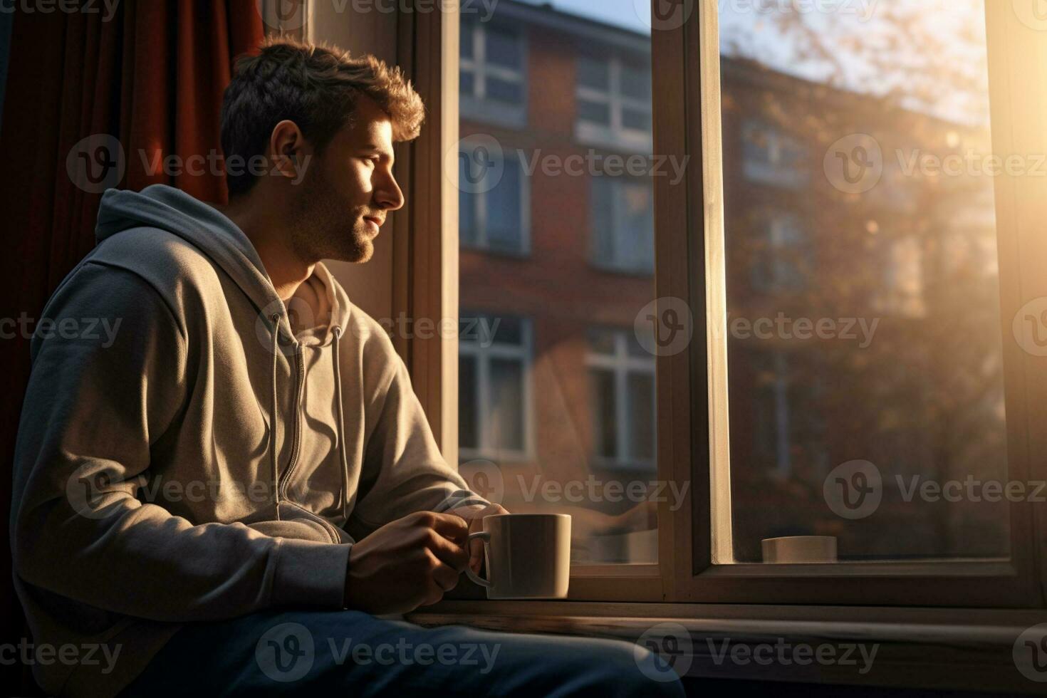 Man happily drinking coffee by the window photo