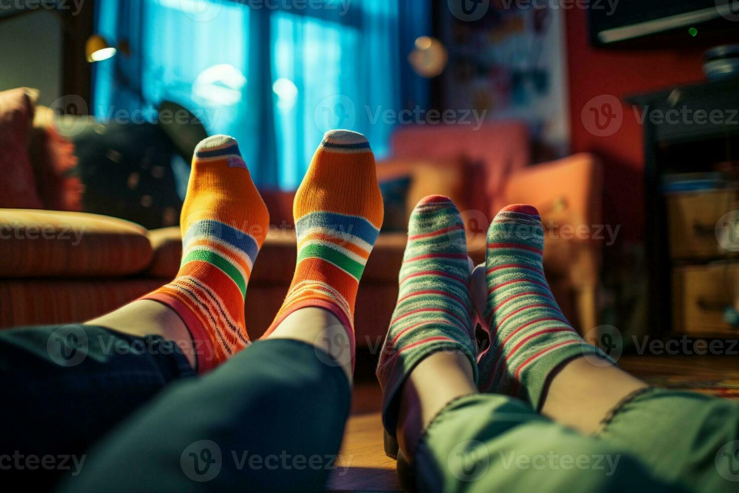 Couple watching tv happily at home and wearing socks photo