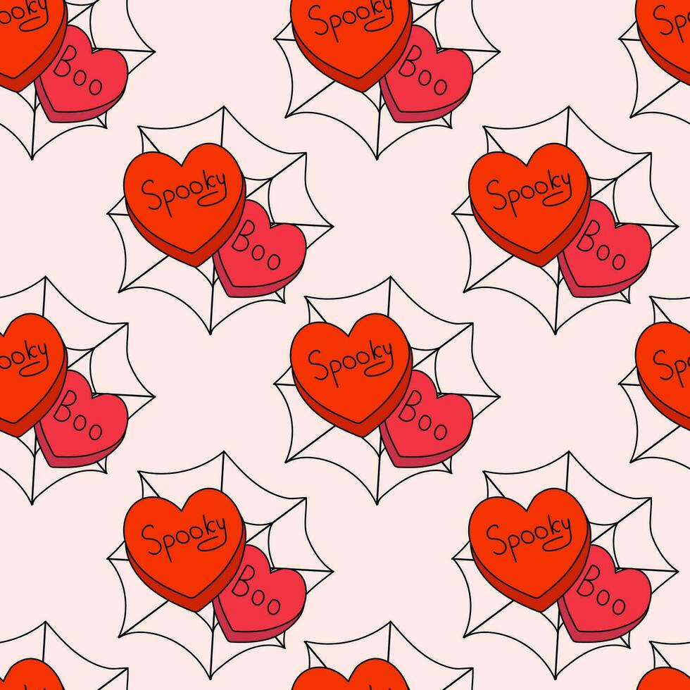Halloween seamless pattern with hearts candies and webs. Spooky and Boo. Autumn seasonal background. Vector flat illustration.