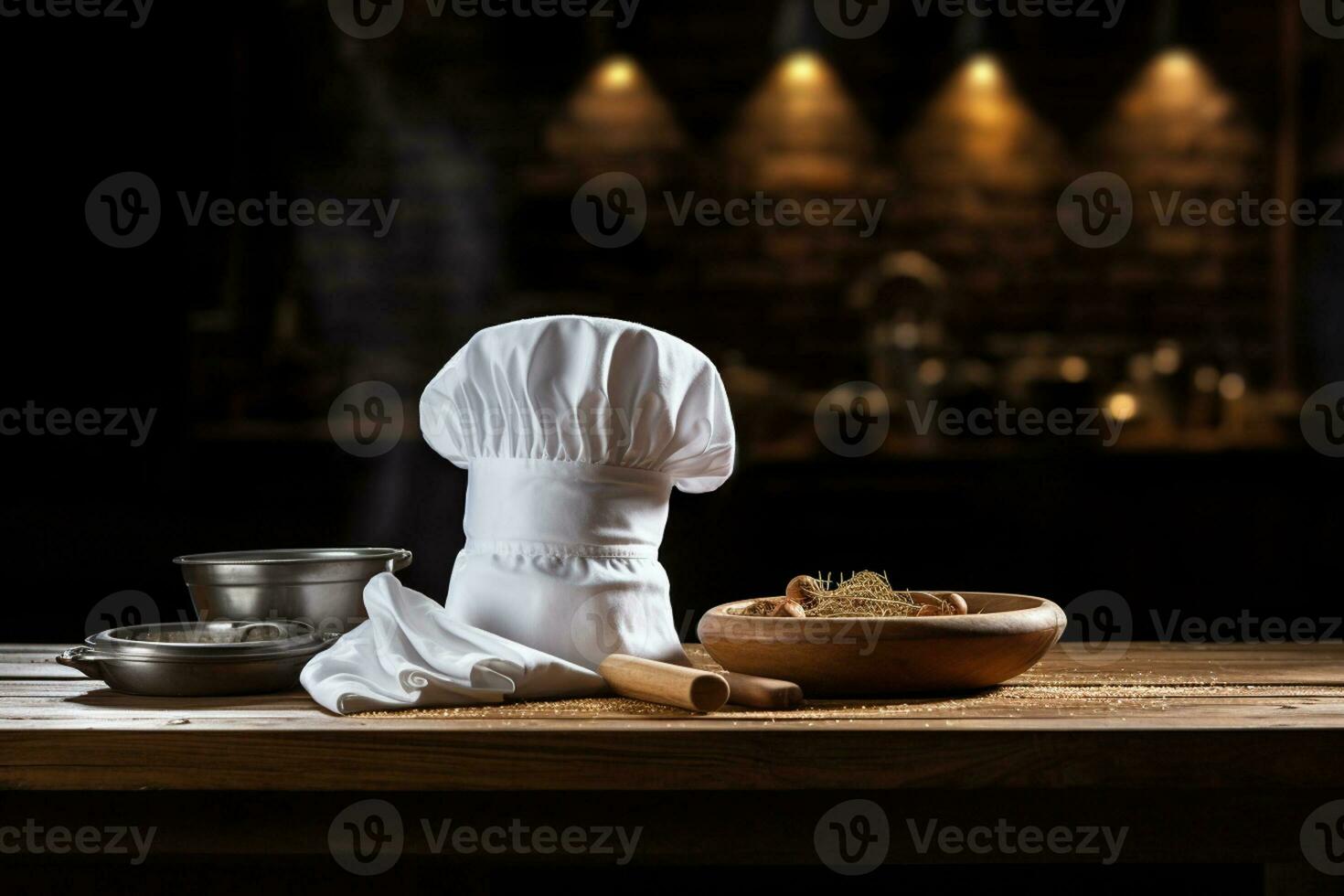 Chef hat and kitchen utensils set in a vintage kitchen photo