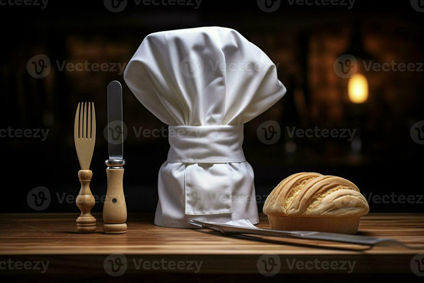 Chef hat and kitchen utensils set in a vintage kitchen photo