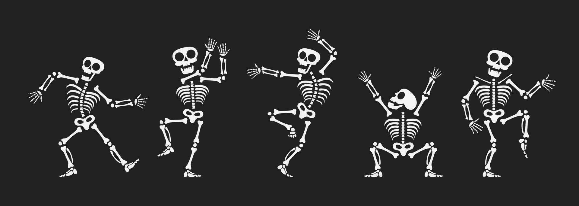 Skeletons dancing with different positions flat style design vector illustration set.