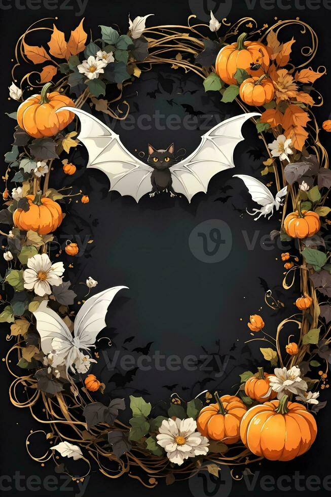 Blackboard frame halloween background with pumpkin and bats photo