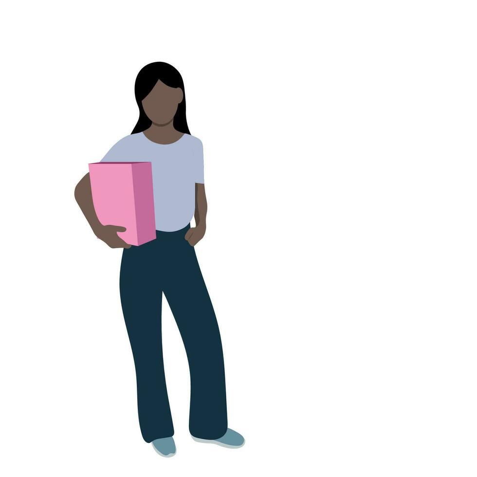 Portrait of a dark-skinned girl in full growth, with one hand she holds a paper bag, the second hand is in her pocket, isolate on white, shopping, faceless illustration, gift vector