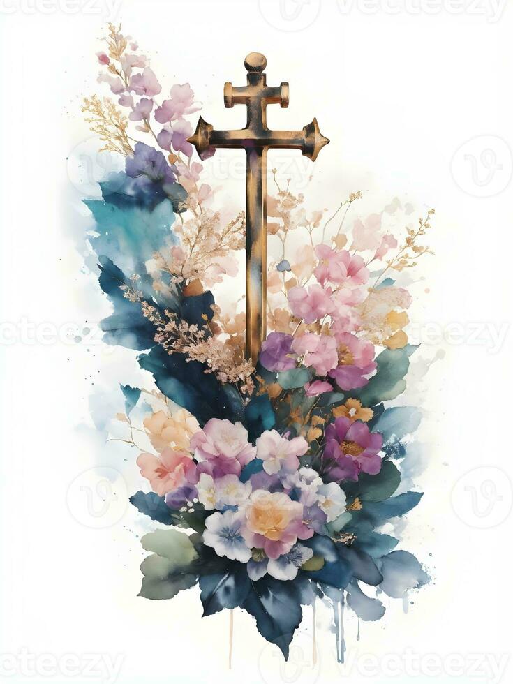 Anchor with flower bouquet on white photo