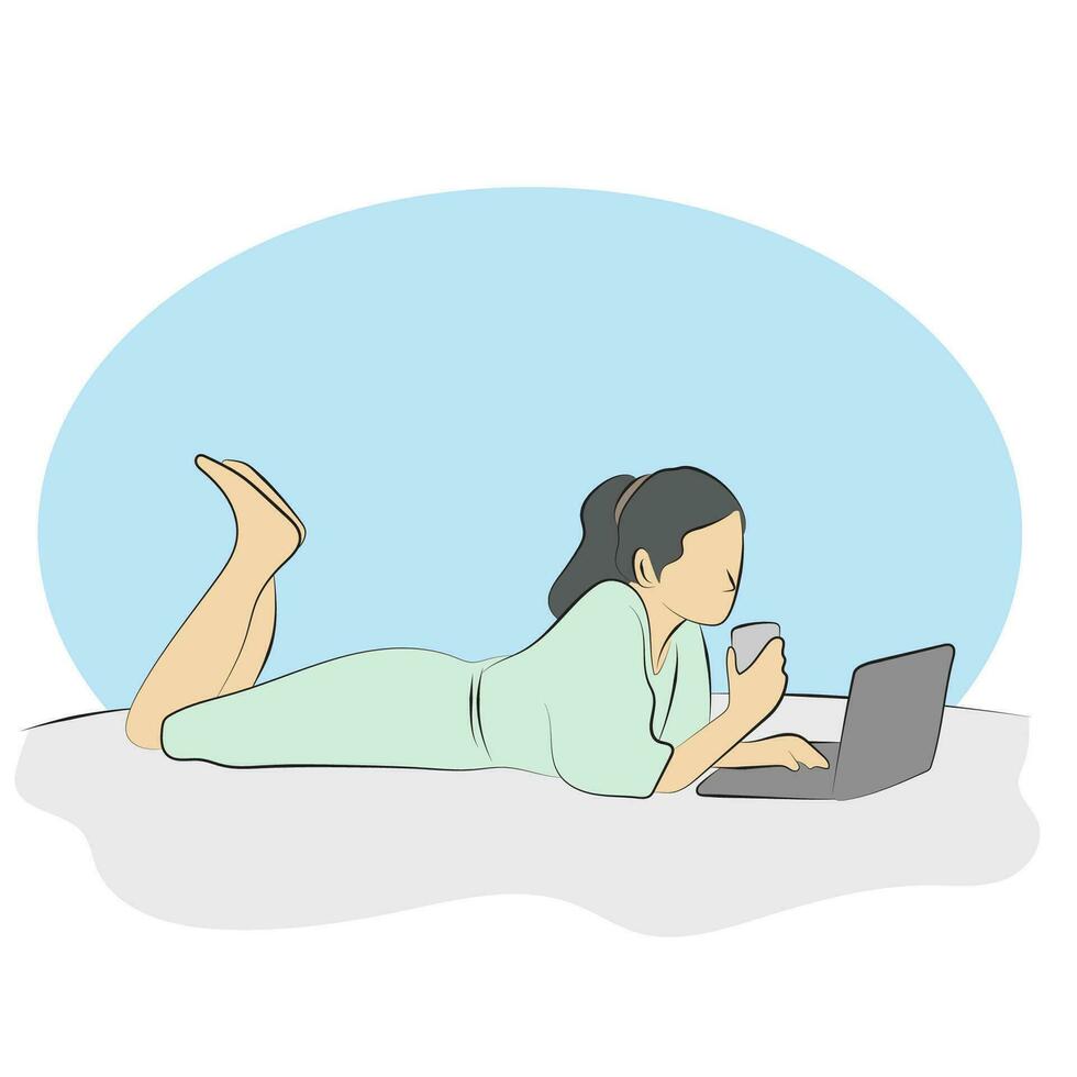 woman using laptop computer on the floor illustration vector hand drawn isolated on white background