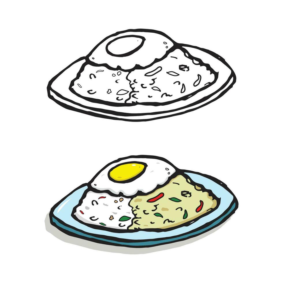 Thai food, rice topped with spicy stir-fried pork or chicken and basil with fried egg, Pad Ka Phrao, Pad Ka Prao doodle art with black and white style vector