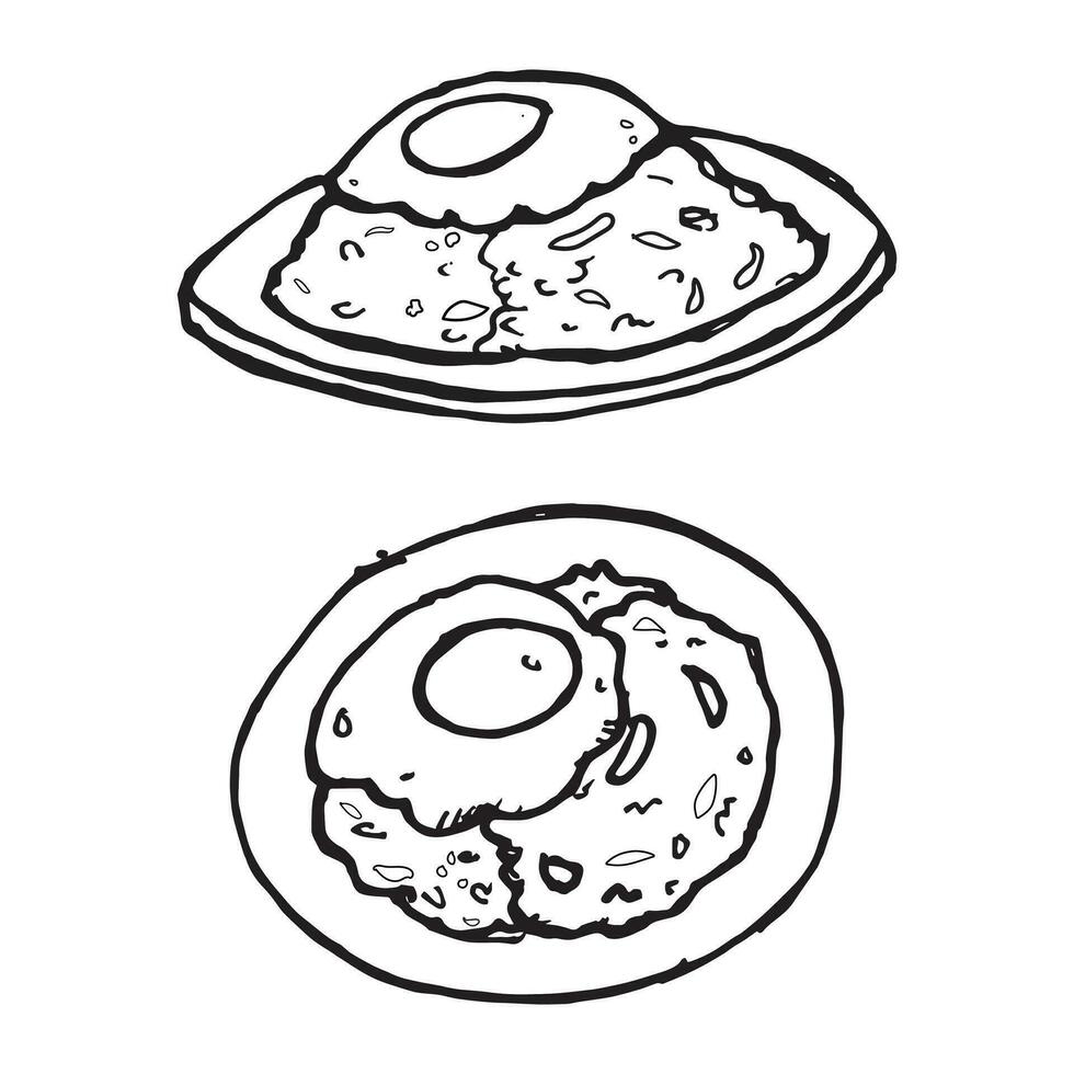 two style of Thai food, rice topped with spicy stir-fried pork or chicken and basil with fried egg, Pad Ka Phrao, Pad Ka Prao doodle art vector