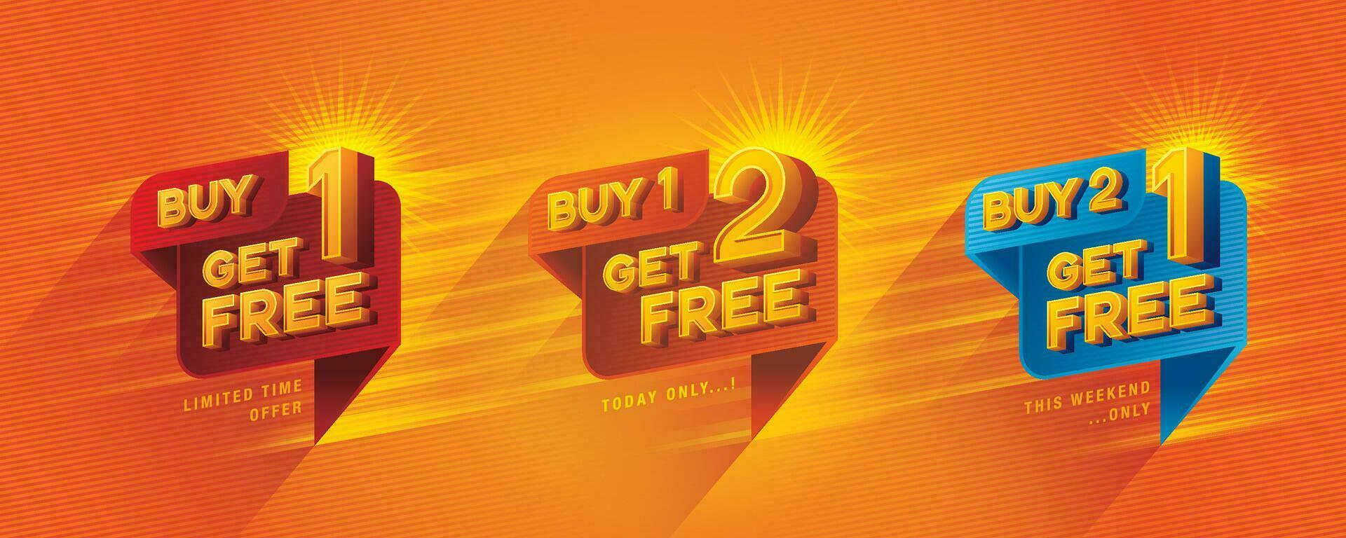 Buy 1 get 1 free, Buy 1 get 2 free, Buy 2 get 1 free tag and discount label sign vector