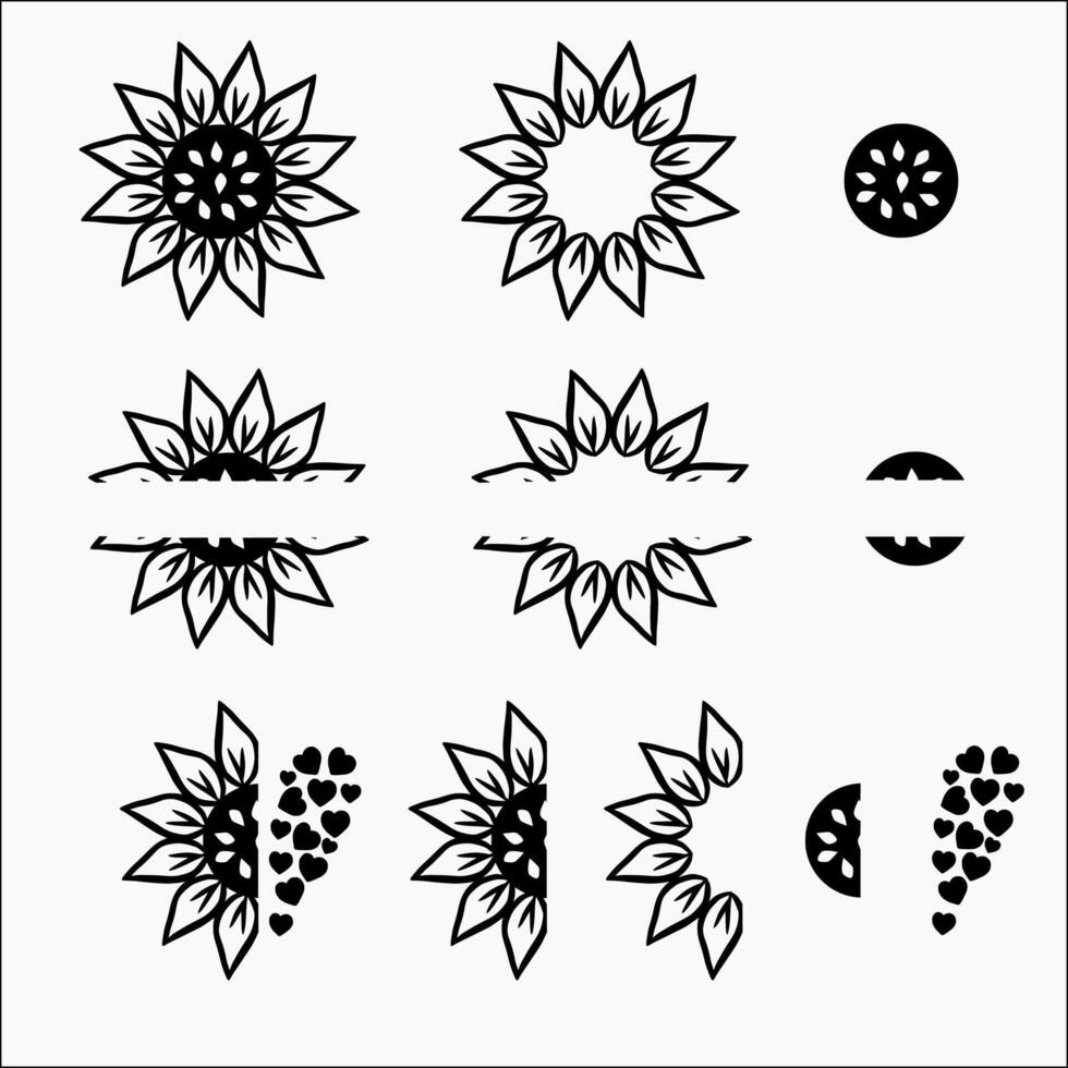 Sunflowers Layered Outline Vector Set. Split Sunflower, Half sunflower, a whole, and heart shape.