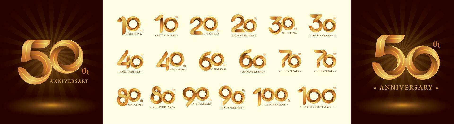 Set of 10 to 100th Anniversary logotype design, Twist Ribbons Logo, Origami stylized Number vector
