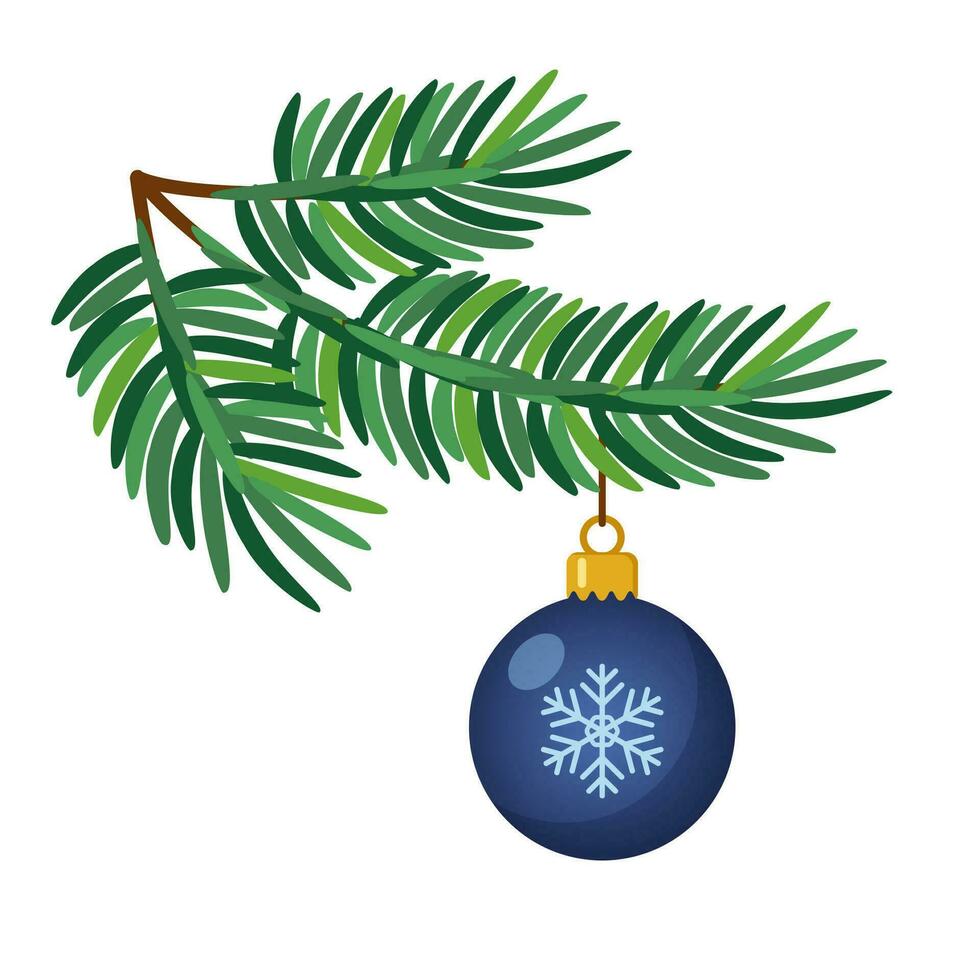 Christmas branch with hanging christmas ball. Modern bauble. Decoration for Christmas tree. Vector illustration.