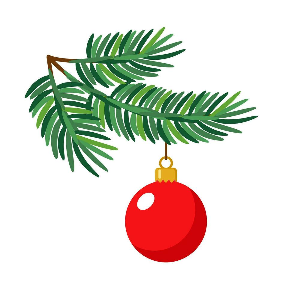 Christmas branch with hanging christmas ball. Modern bauble. Decoration for Christmas tree. Vector illustration.