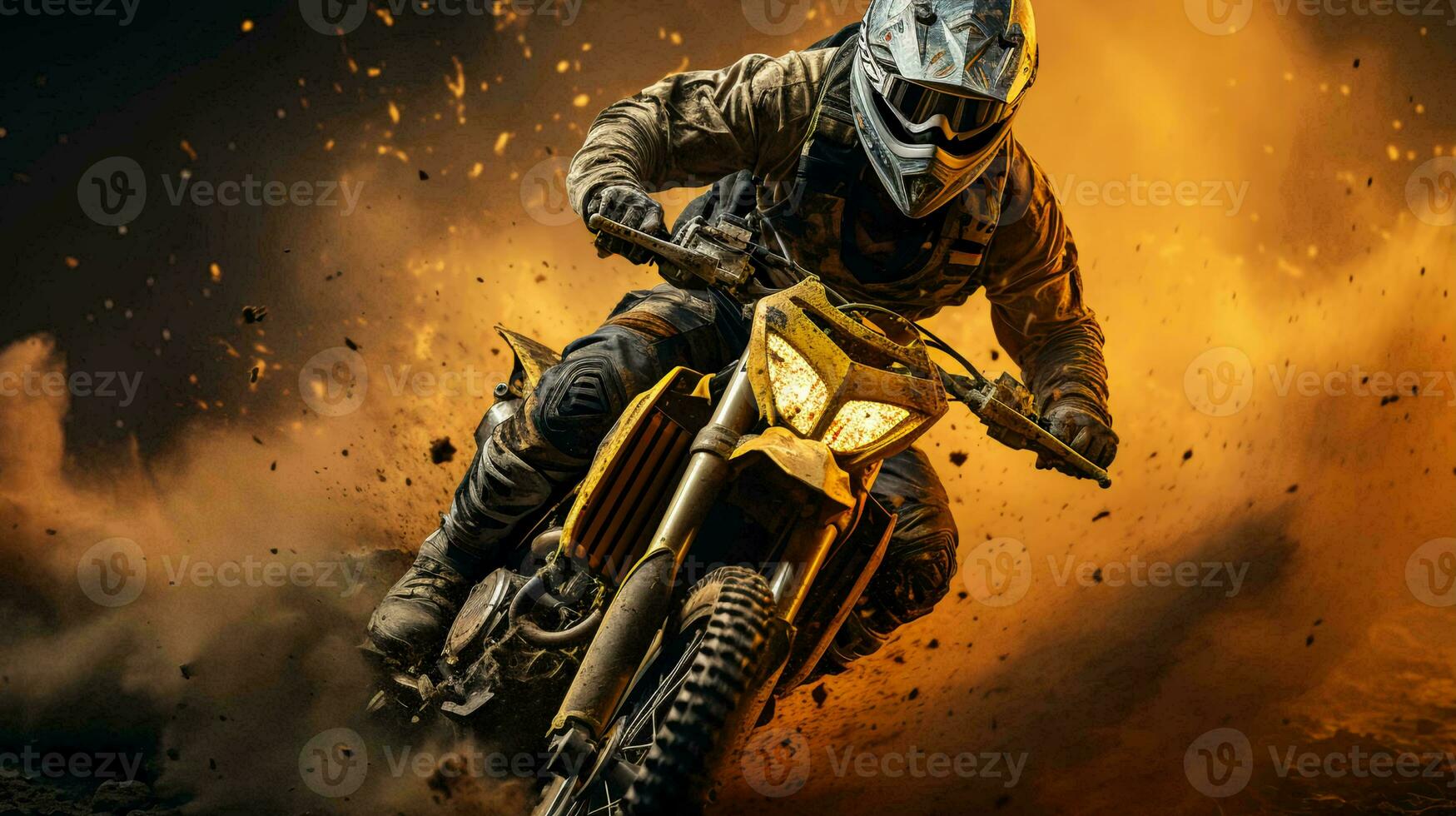 A motorcyclist on a motorcycle quickly rides through the dirt and dust on the track during a motocross competition photo