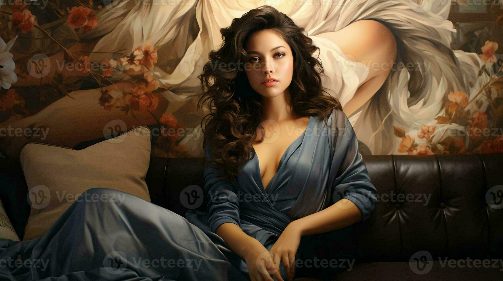 Beautiful young woman sitting on the sofa photo