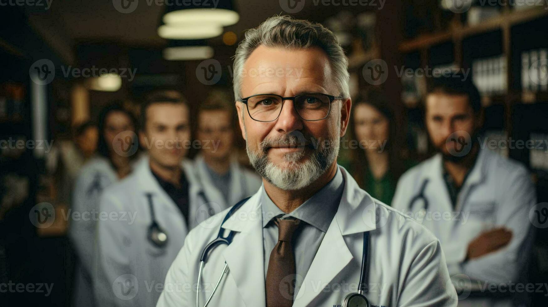 Old male doctor in a white coat in a hospital, medicine and healthcare concept photo