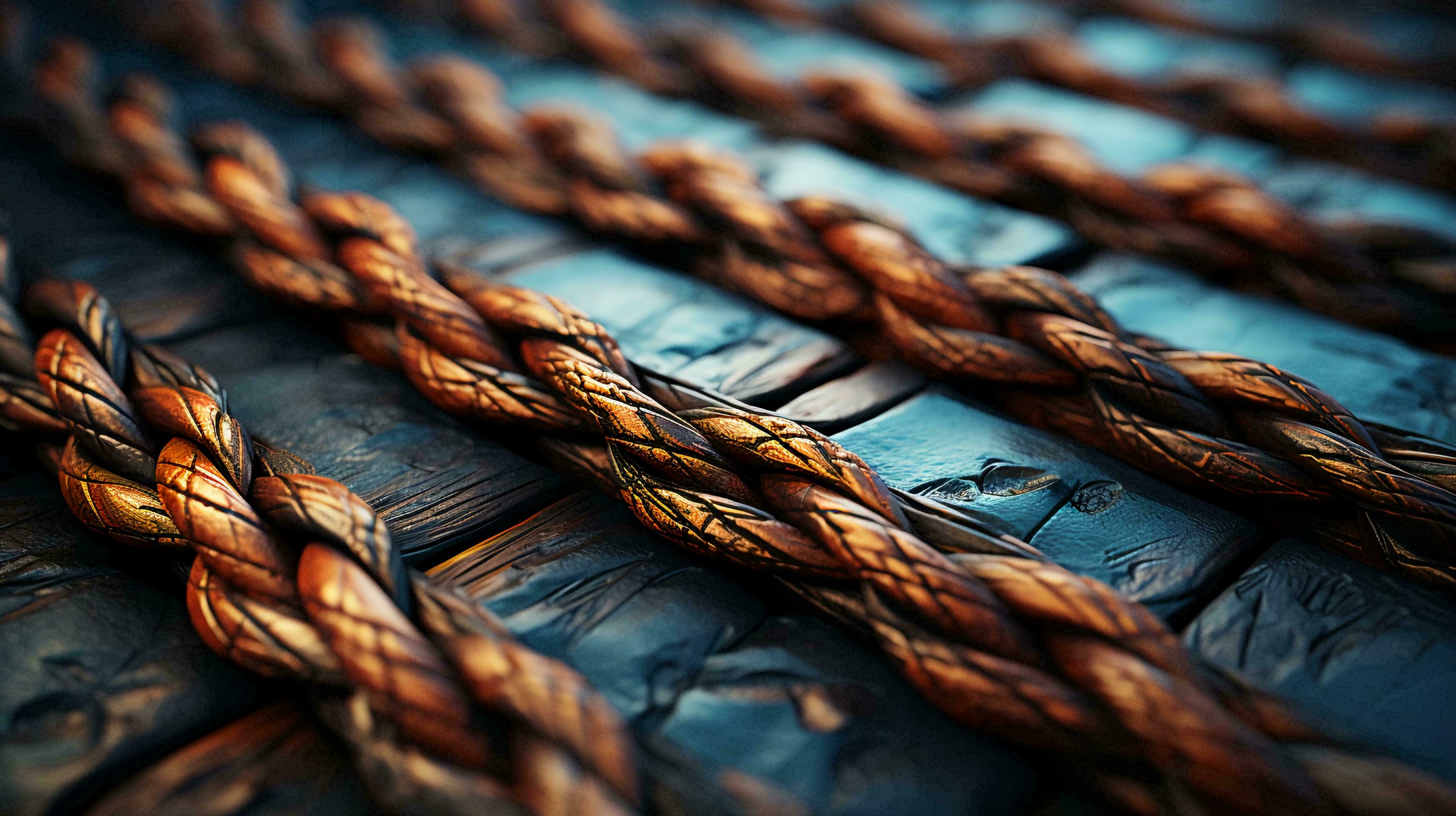 Large thick strong marine ropes for ships lie on a wooden pier