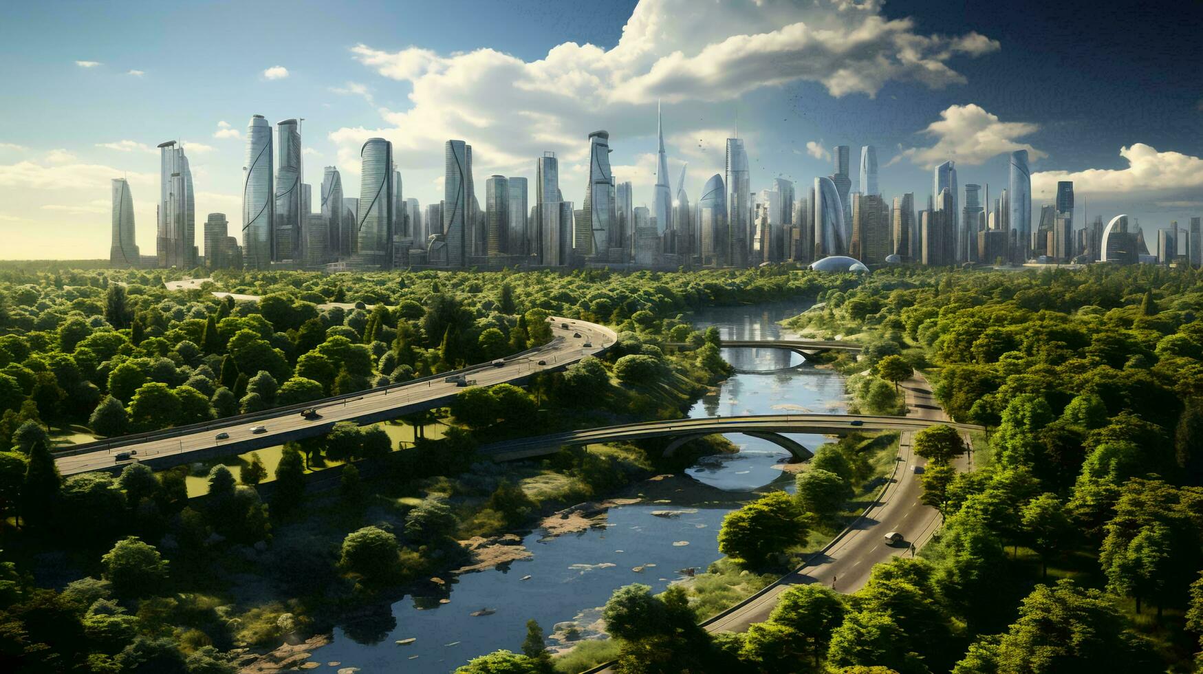 Green environmentally friendly city of the future with many green plants and alternative energy photo