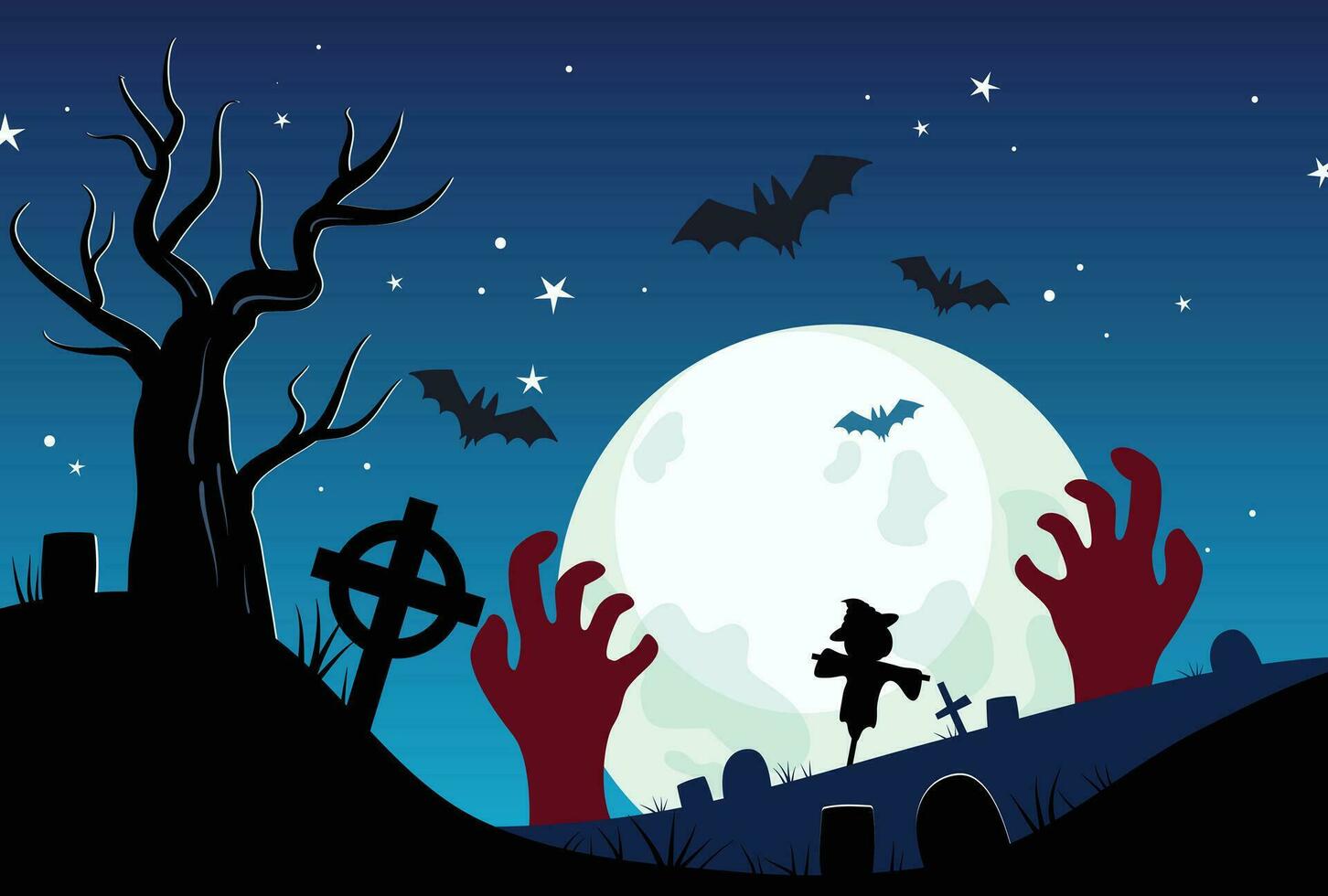 Halloween night background with zombie walking and witch character vector