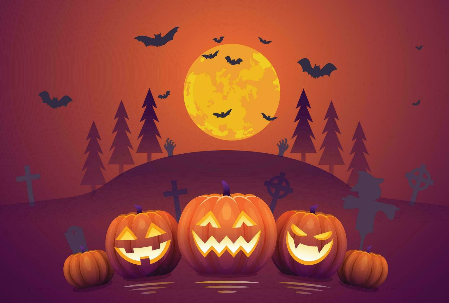 Halloween night background with zombie walking and witch character vector