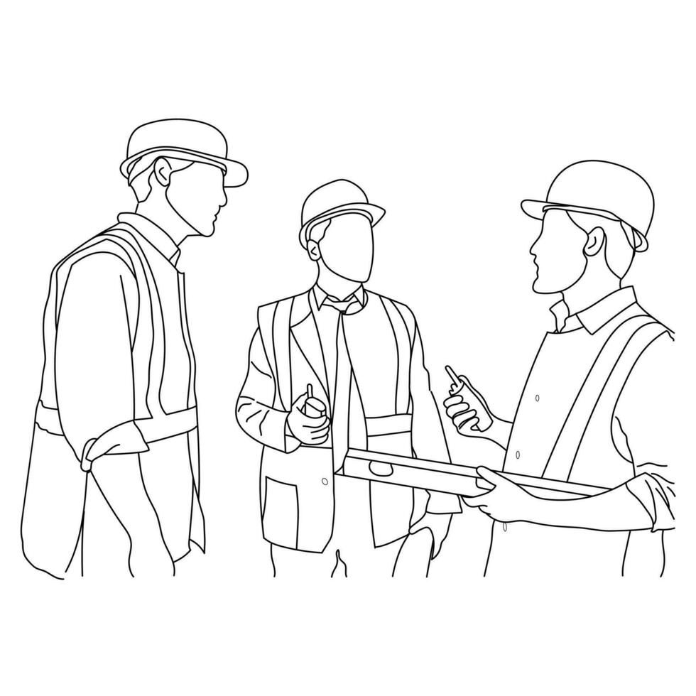 Line art of architect engineer discussion brainstorming construction concept vector