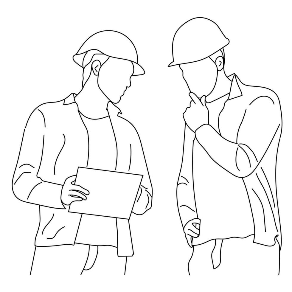 Line art of architect-engineer discusses construction project vector