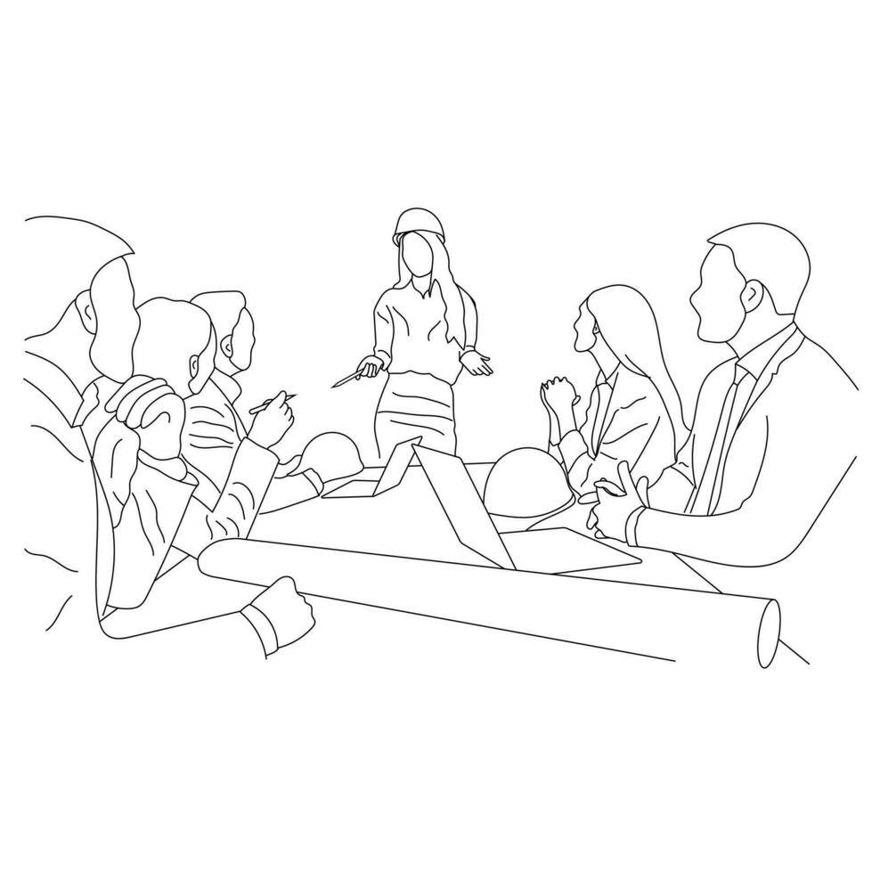 Line art of architect-engineer discusses construction project in meeting room isolated on a white background. vector