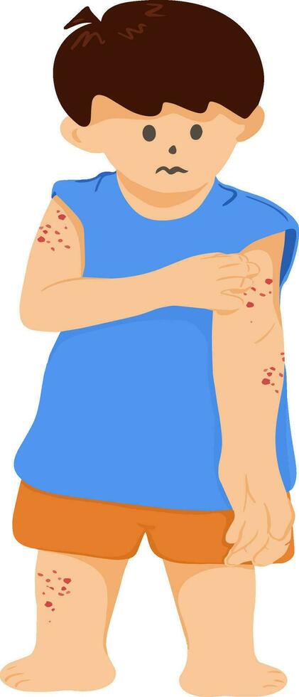 A cartoon boy drawing having itching and redness, children's allergy skin, allergy symptoms, dermatitis vector illustration.