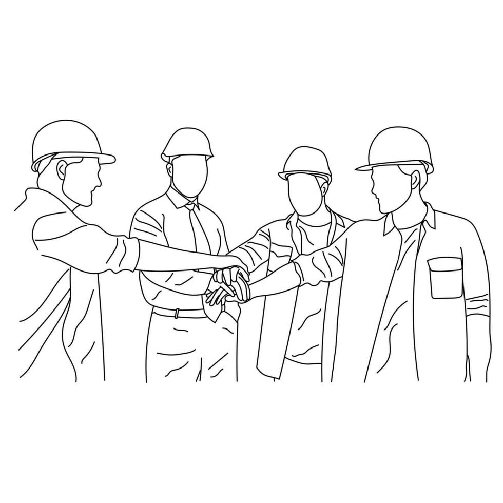 Line art of business, building, partnership, and people concept - smiling builders and architects in hard with a handshake vector