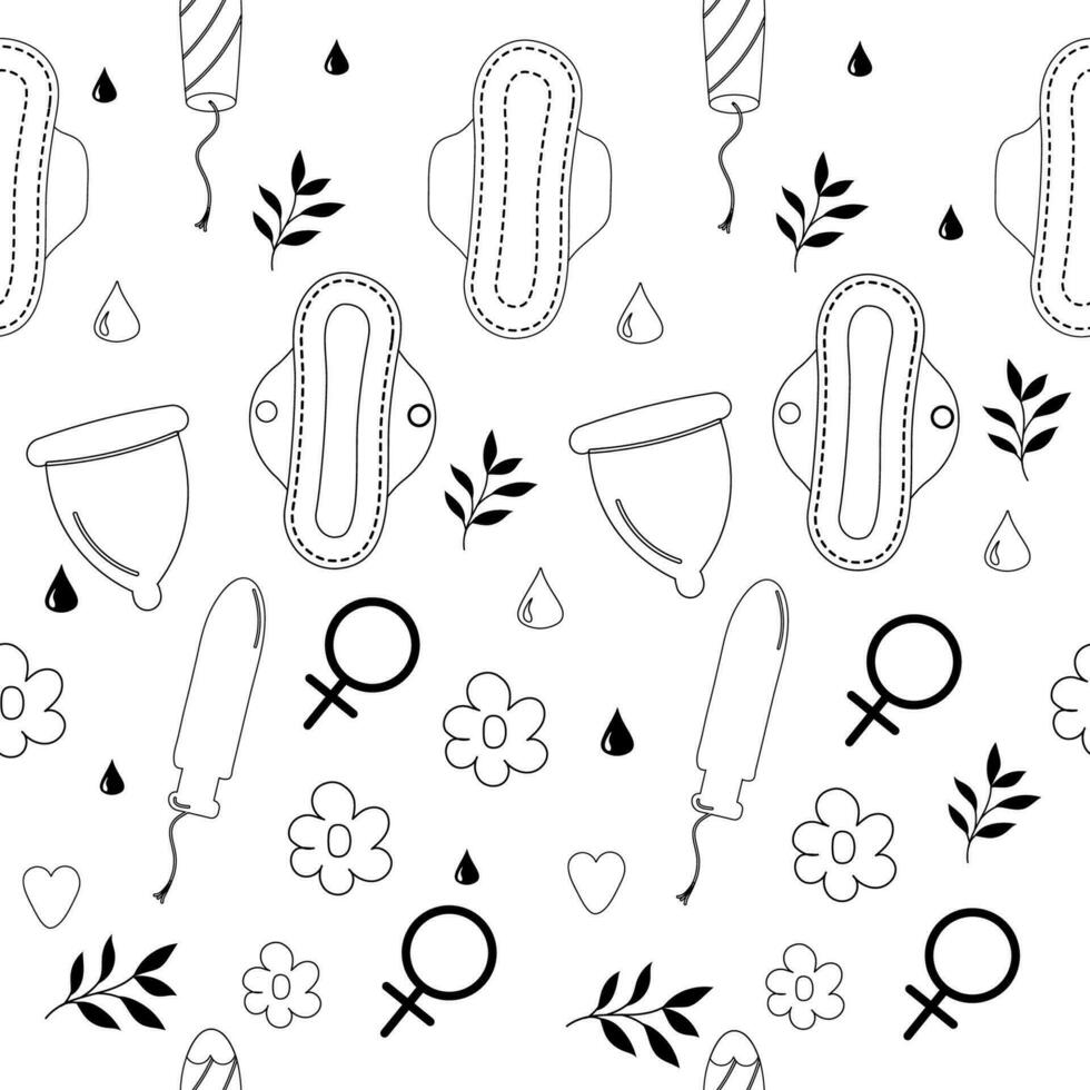 Seamless pattern outline  menstruation period woman pad, tampon, menstrual cup vector