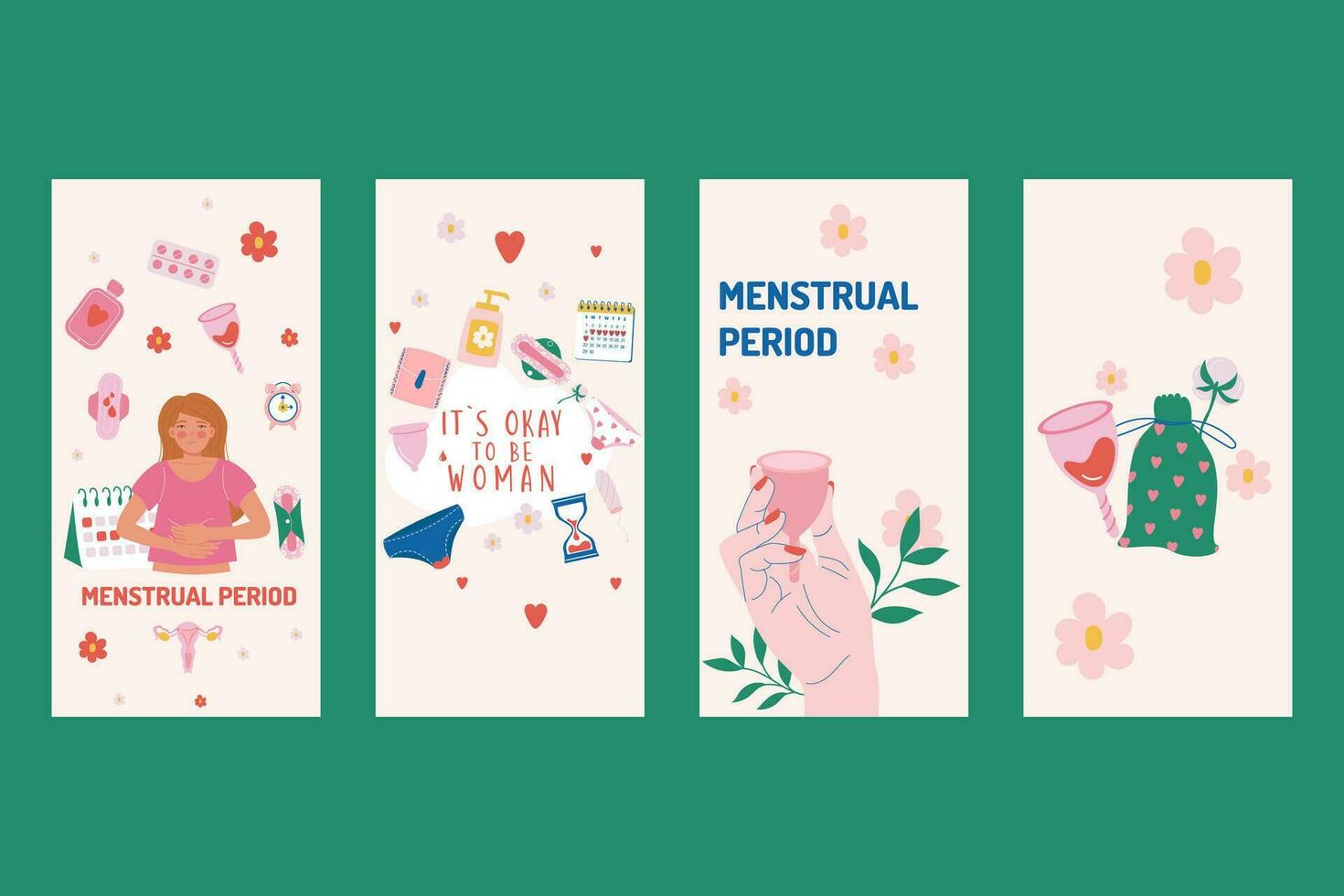 plano menstruación período mujer instagram cuentos recopilación. social medios de comunicación vector