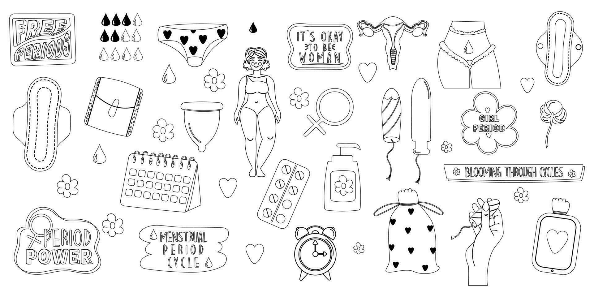 Outline feminine hygiene products collection with lettering. Menstruation period woman. vector