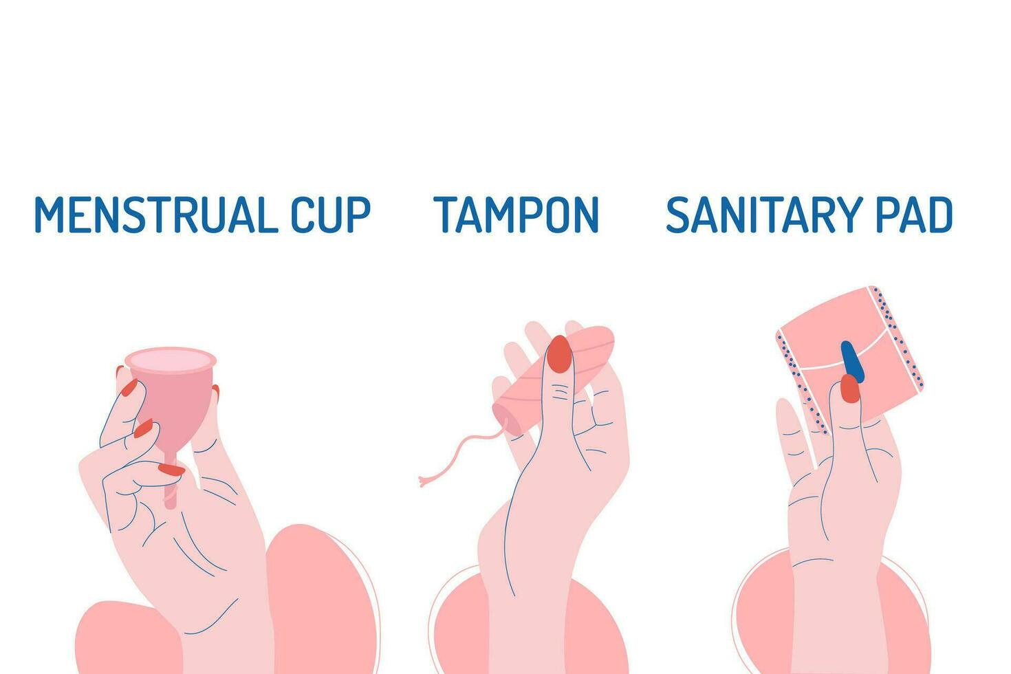 Menstruation period background. Hands hold sanitary pad tampon menstrual cup with inscriptions vector